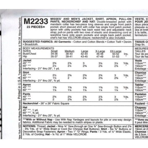 McCalls M2233 Adult Medium Kitchen Chef Uniform Essentials Sewing Pattern New - Picture 3 of 3